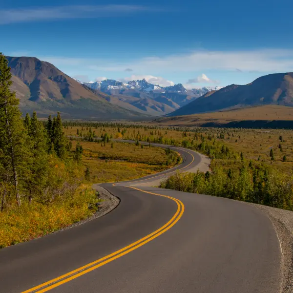 Kontrast dálnice a nádherných scenérií Denali N.P., Aljaška