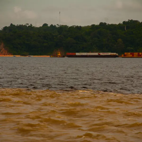 Fascinující barevné setkání vod toků Solimões a Rio Negro, Brazílie