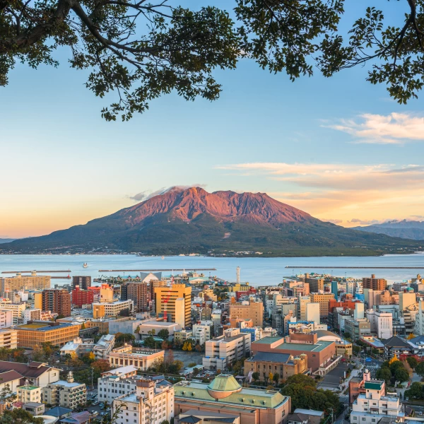 Výhled na sopku Sakuradžima, Kagošima, Japonsko